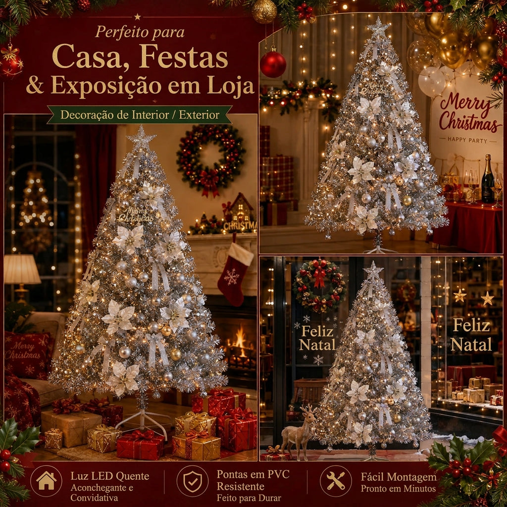 Árvore de Natal Artificial Prateada em PVC 120-240cm de Alta Qualidade com Luzes LED Quentes, Decoração para Festa de Natal em Casa