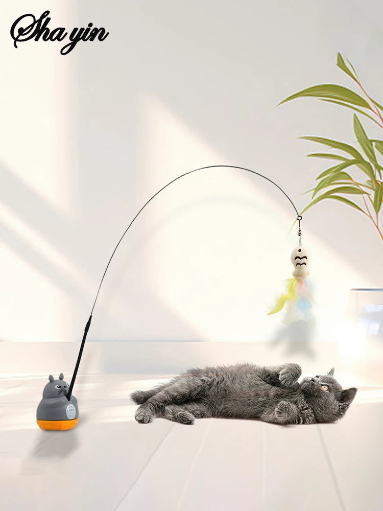 1pc animal de estimação pequeno gato pesca e gato provocando vara rotação de 360 graus com sinos de penas e fio de aço gato provocando vara