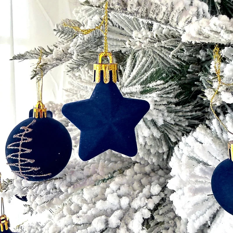Conjunto de 35 bolas de Natal, enfeites para pendurar na árvore de Natal, veludo azul royal, formatos variados, decoração para festas de fim de ano.