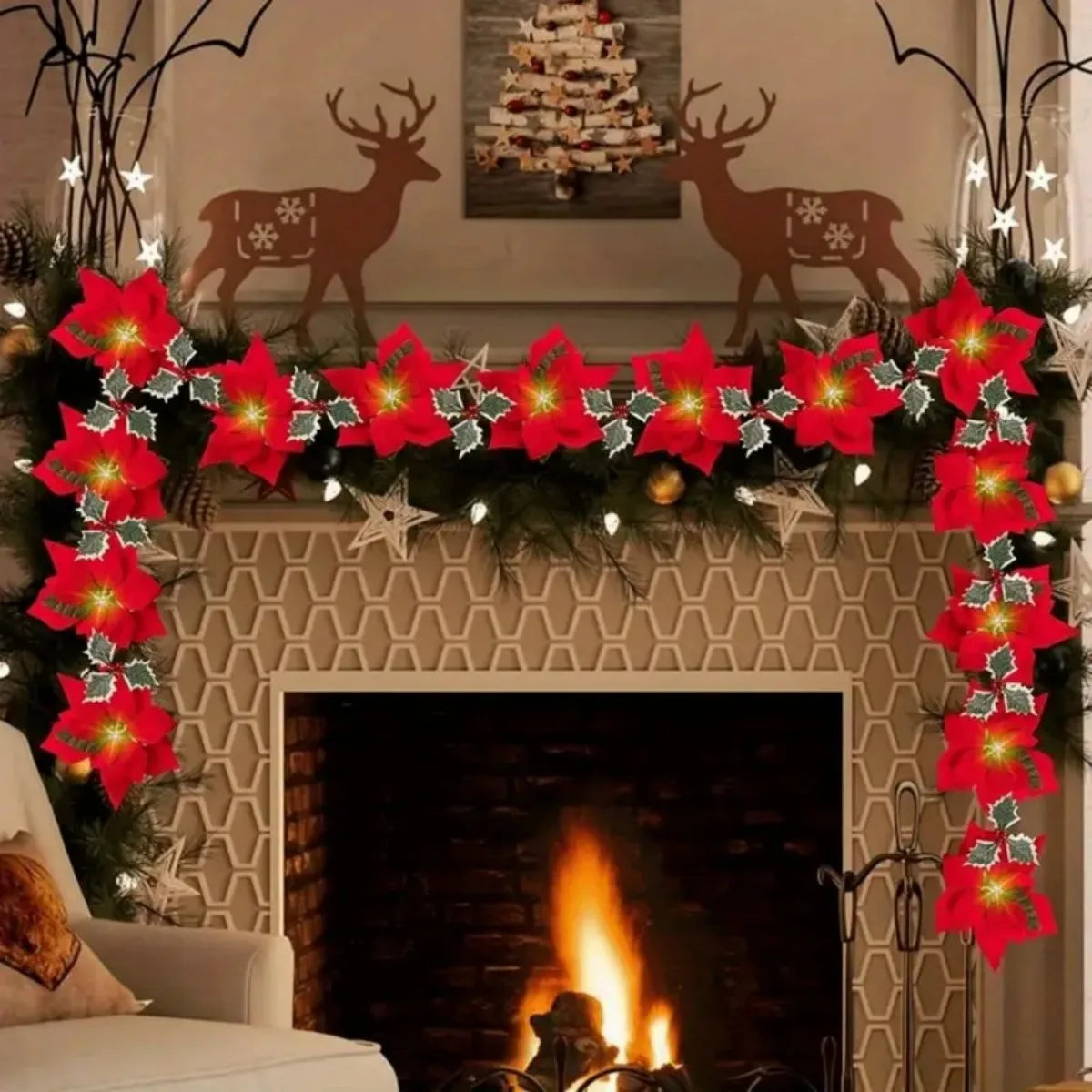 1pc natal 10/20 led guirlanda luzes com bagas vermelhas & folhas de azevinho alimentado por bateria para casa interior lareira decoração de natal