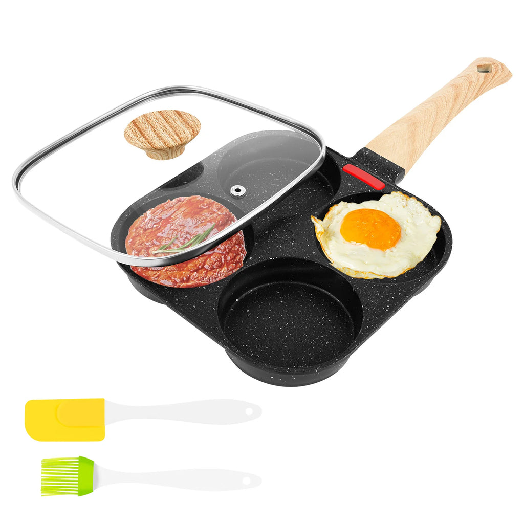 Frigideira de ovo antiderrapante, 4 copos, frigideira de omelete com escova de óleo e tampa, frigideira de panqueca para fogão a gás, panelas de indução Kasa & Pet Store