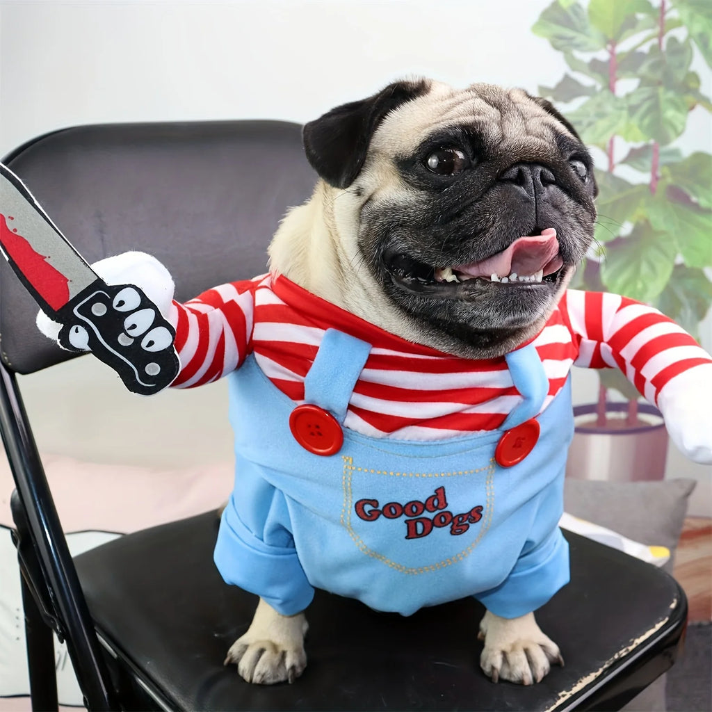 Halloween roupas para cães de estimação transformados vestuário para animais de estimação e peruca para festa de férias suprimentos para animais de estimação engraçado boneca sangrenta com faca traje do cão