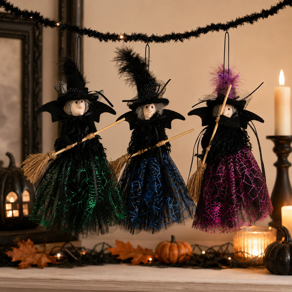 Enfeites de Bruxa de Halloween para Pendurar com Vassoura, Perfeitos para Festa de Halloween e Decoração de Casa Assombrada, Decoração Festiva para o Lar