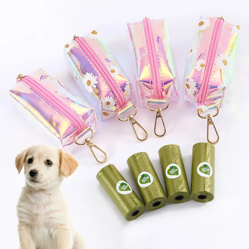 Novo pet cocô selecionador de couro a laser saco lixo escudo colorido transparente alto volume biodegradável dispensador suprimentos para animais estimação