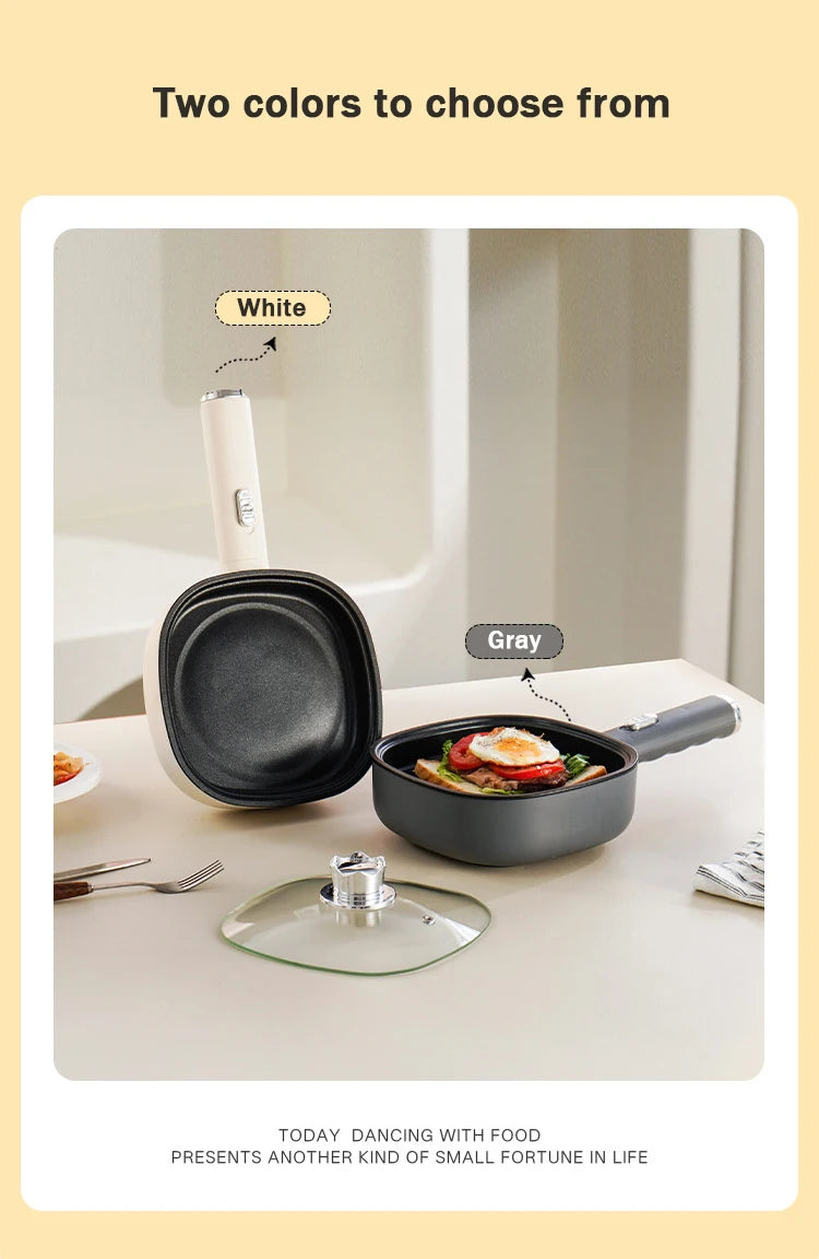 Panela Elétrica DMWD para Fritar, Mini Panela Doméstica Antiaderente para Bifes e Panquecas, Frigideira Elétrica Multifuncional 2 Potências 600W