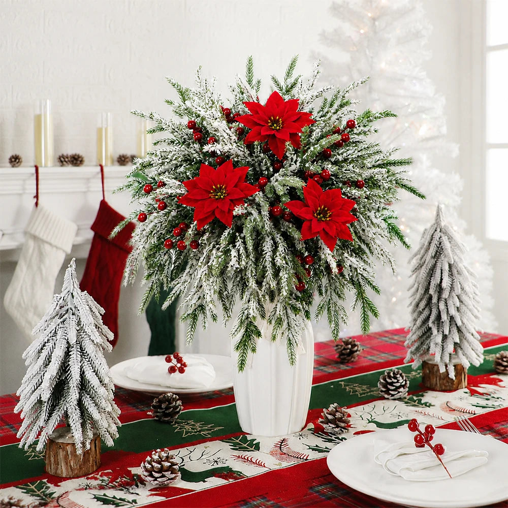 Decorações de Natal DIY, 18 peças de agulhas de pinheiro artificiais, flores de poinsétia com bagas vermelhas para festas de inverno, decoração de guirlandas para festas em casa.