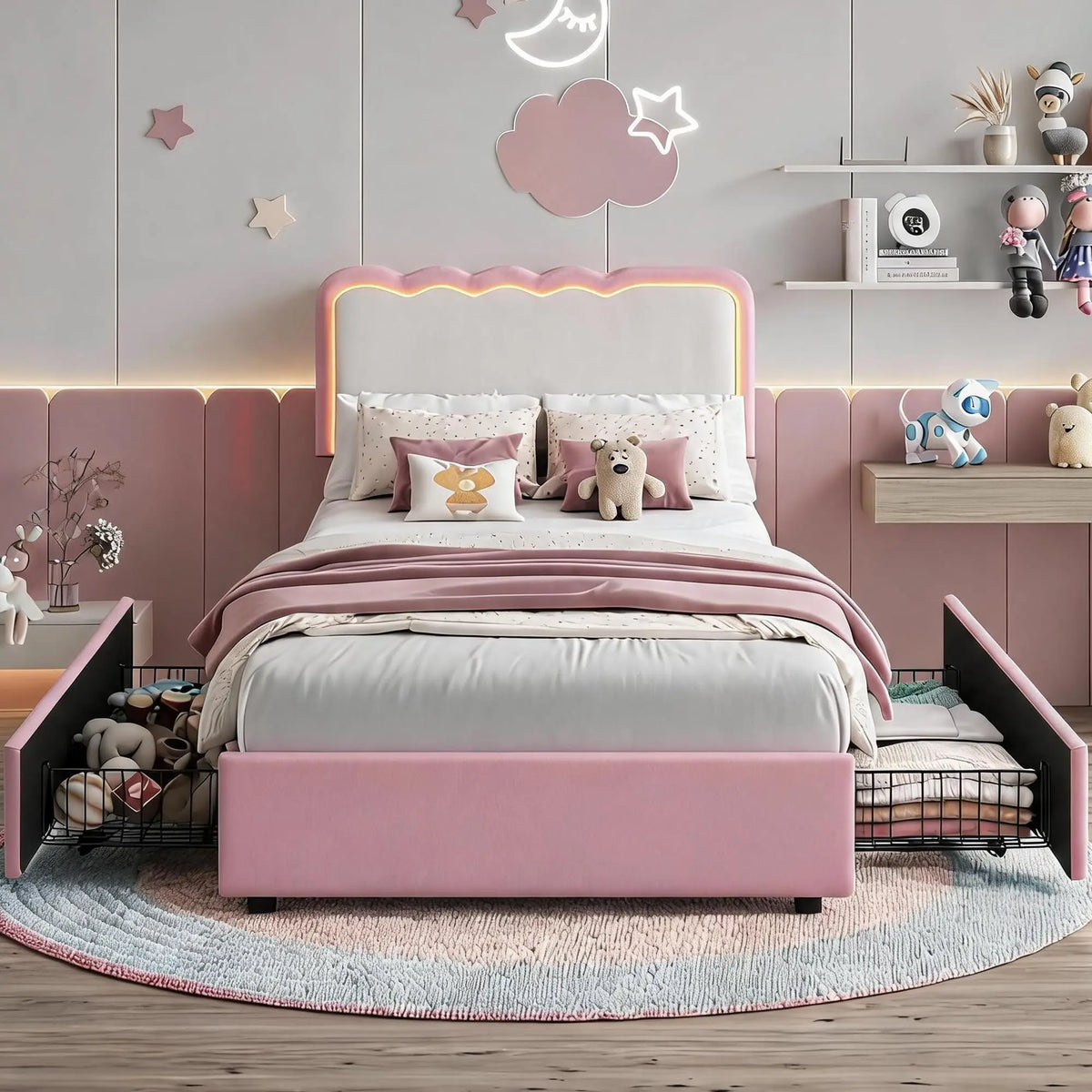Cama de casal estofada com LED e 2 gavetas de armazenamento, cabeceira de veludo ajustável, cama plataforma para crianças, sem necessidade de estrado.