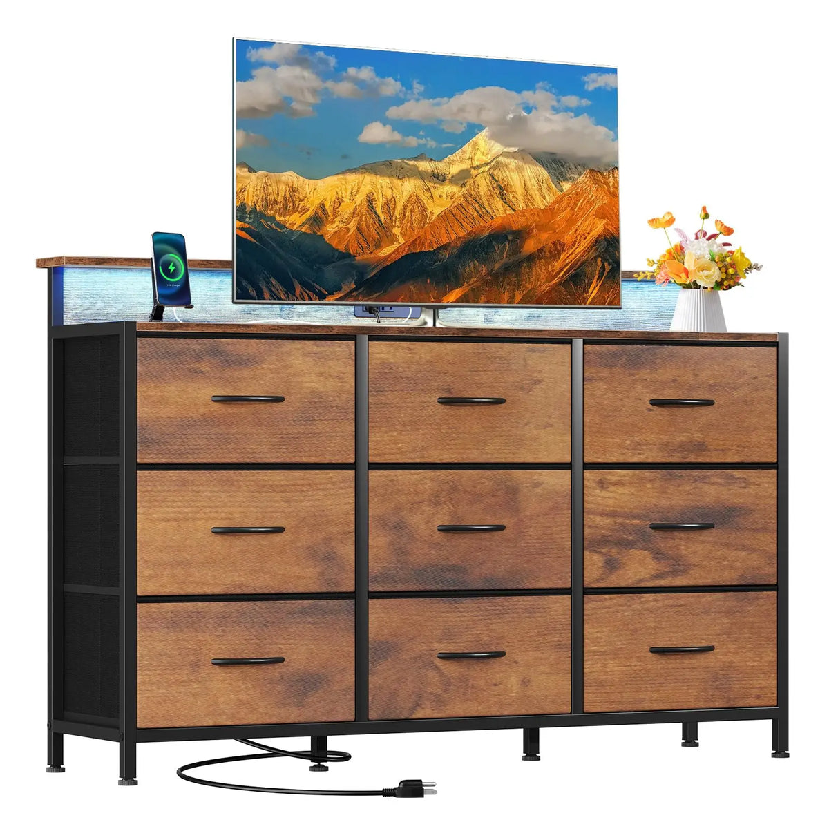 JHK Suporte de TV cômoda com 9 gavetas de tecido Console de mídia superior de madeira para suporte de TV de 32-52 polegadas com exibição de armazenamento de móveis