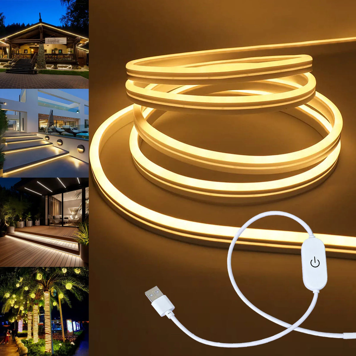 Fita de LED Neon USB DC 5V com Sensor de Toque Regulável, Fita de Silicone Flexível à Prova d'Água para Decoração de Ambientes Externos
