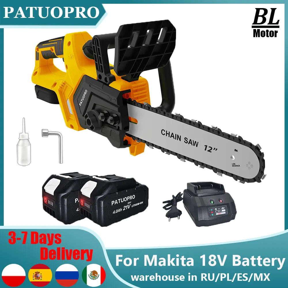 Serra Elétrica Sem Fio de 12'' com Motor Sem Escovas, Serra Recarregável para Corte de Árvores, Compatível com Bateria Makita 18v