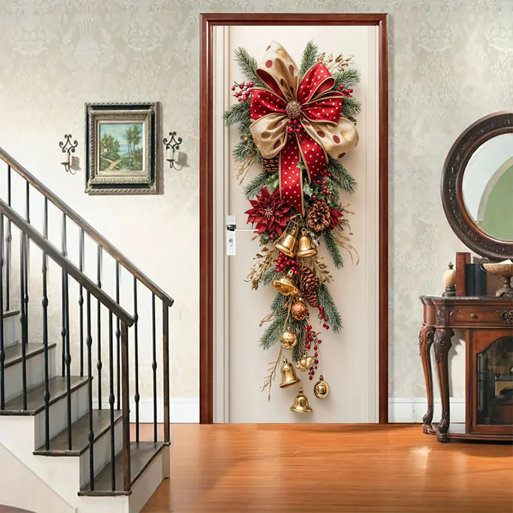 1 decoração de parede de Natal - decoração suspensa com sinos vermelhos e folhas verdes - decoração de sala de férias, design de férias