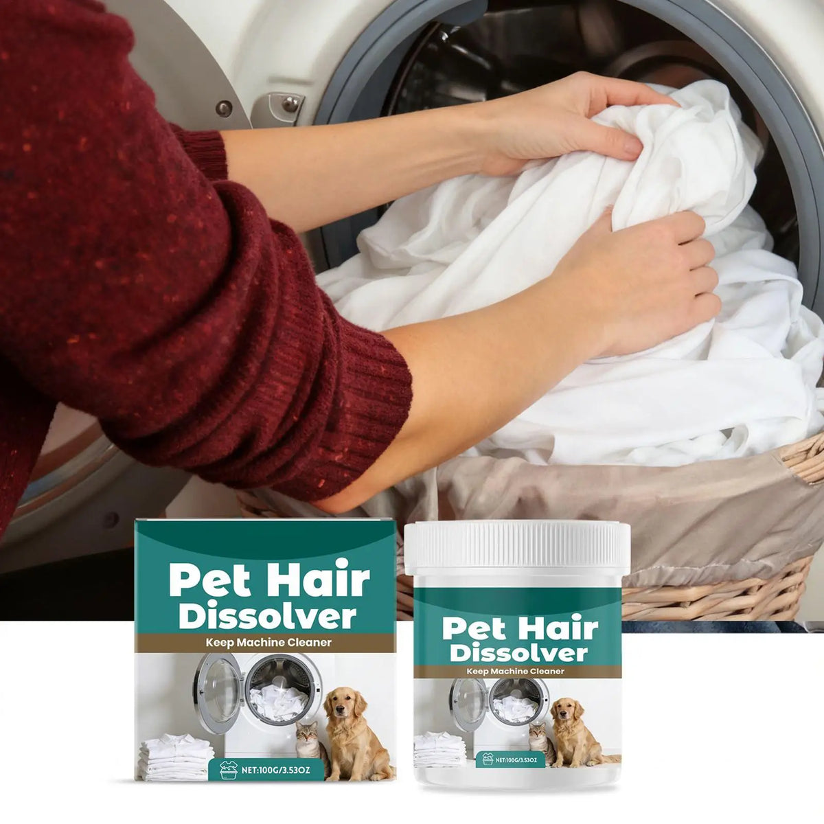 Removedor de Pelos de Animais para Lavagem 100g Aditivo Detergente para Máquina de Lavar Roupas, Carpete, Roupa de Cama, Tecido e Toalha