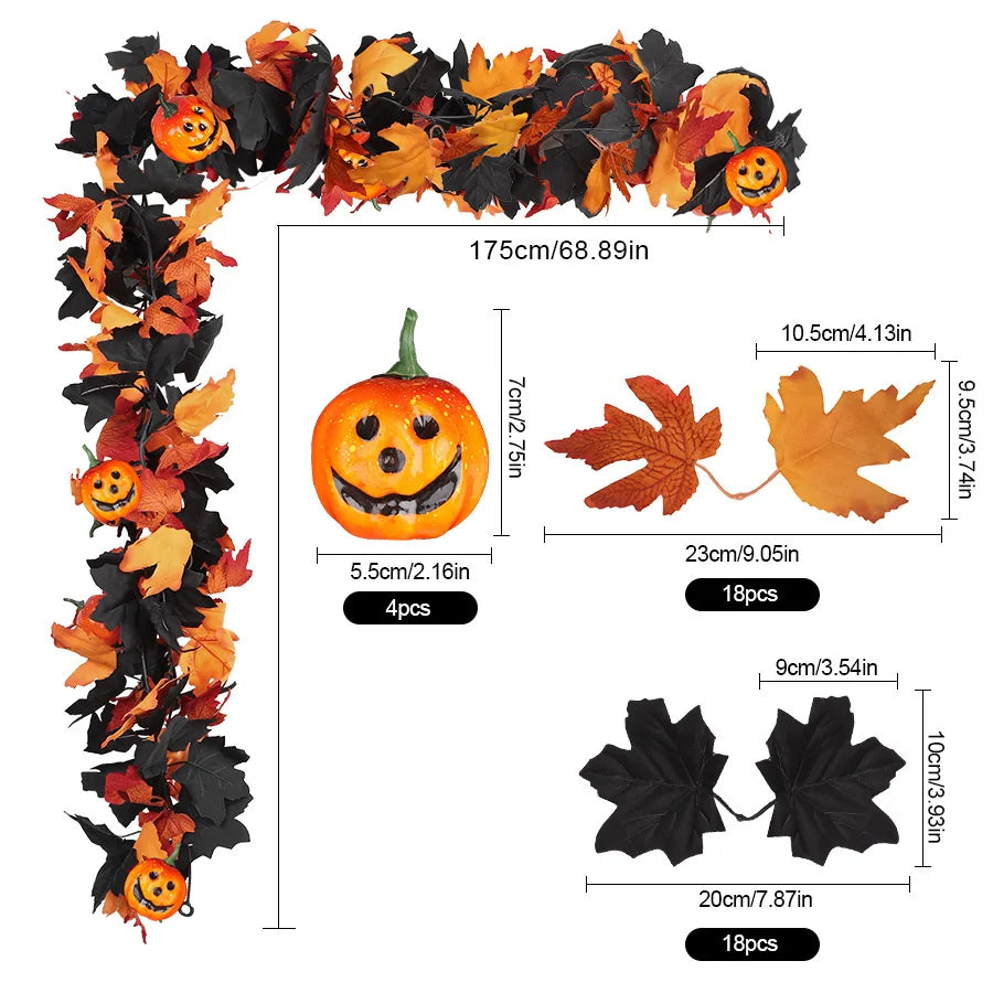 Decorações de Guirlanda de Halloween com Folhas Pretas e Abóboras 3D para o Festival de Ação de Graças e Decoração de Lareira