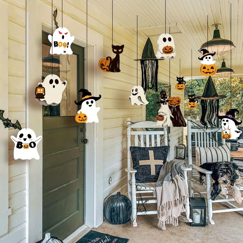 Enfeites de Halloween para Pendurar: Fantasma, Gato Preto, Abóbora e Chapéu de Bruxa – Decoração Assustadora para Festas de Halloween, Varandas e Tetos