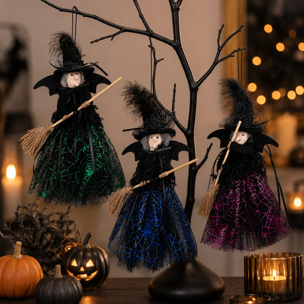 Enfeites de Bruxa de Halloween para Pendurar com Vassoura, Perfeitos para Festa de Halloween e Decoração de Casa Assombrada, Decoração Festiva para o Lar