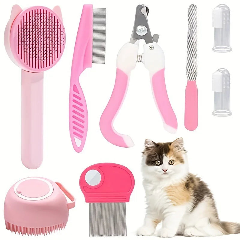 Kit de Beleza para Gatos com 8 Peças: Escova, Cortador de Unhas e Lixas, Kit de Higiene para Animais de Estimação, Pente Antipulgas