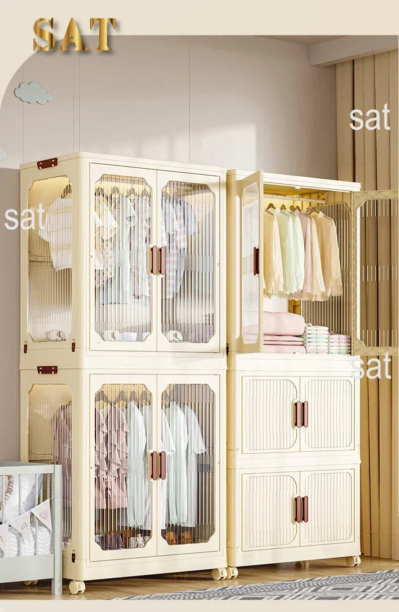 -Armário de armazenamento dobrável multicamadas com rodas, porta dupla, guarda-roupa, transparente, grande capacidade, organizador, prateleira