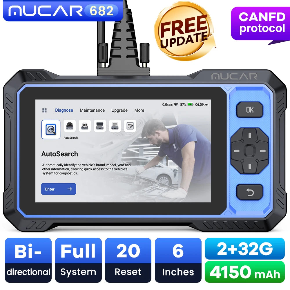 MUCAR 682 Ferramenta de Diagnóstico Automotivo Assistida por IA CANFD Codificação Bidirecional de ECU 20 Funções de Redefinição Diagnóstico Completo do Sistema Scanner OBD2 Vitalício Grátis