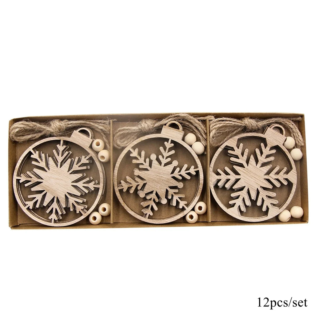 12 pçs/caixa bola de madeira pingente oco natal floco de neve pendurado ornamentos para decorações da árvore noel diy presentes embrulho suprimentos