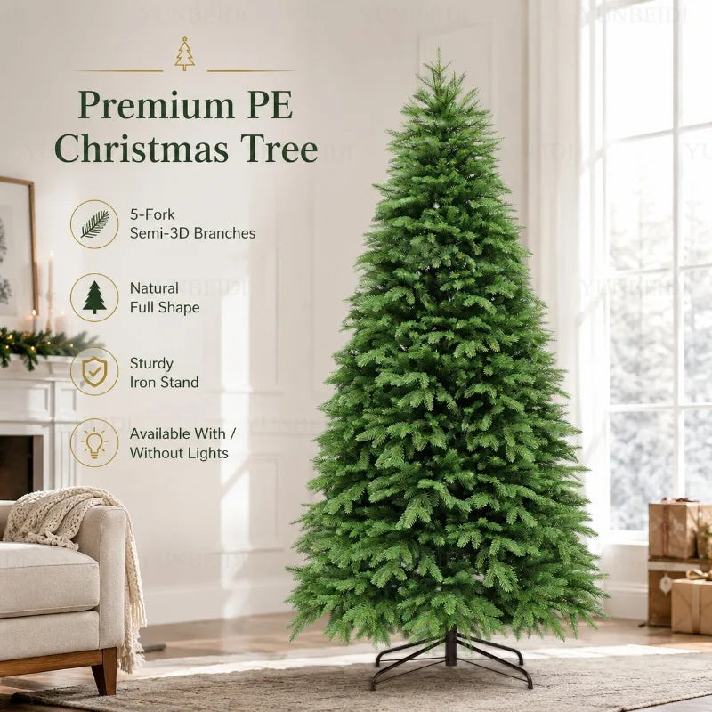 Árvore de Natal Artificial 100% PE com Luzes LED de Alta Qualidade, Grande Árvore de Natal de 1,2m a 2,4m para Decorações de Natal em Casa
