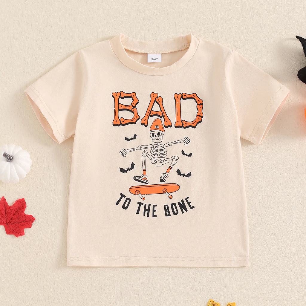 FOCUSNORM-camiseta de Halloween com estampa de esqueleto fantasma para crianças, tops de manga curta para crianças, gola redonda, roupas para meninos e meninas, 2 a 7 anos