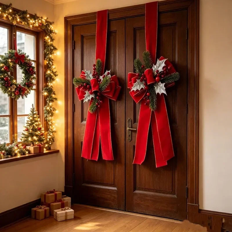 Decorações de Natal para Porta com Laços, Escapulários, Ramos de Pinheiro e Bagas Vermelhas, Pingente de Natal e Ano Novo, Decoração Externa
