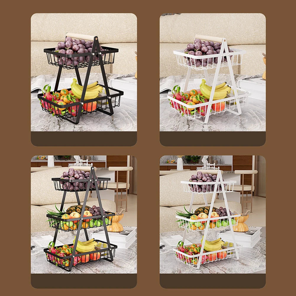 Cesta de armazenamento multifuncional de camada dupla de ferro, prateleira de mesa, mesa de armazenamento de lanche e frutas, com duas camadas de armazenamento na parte superior