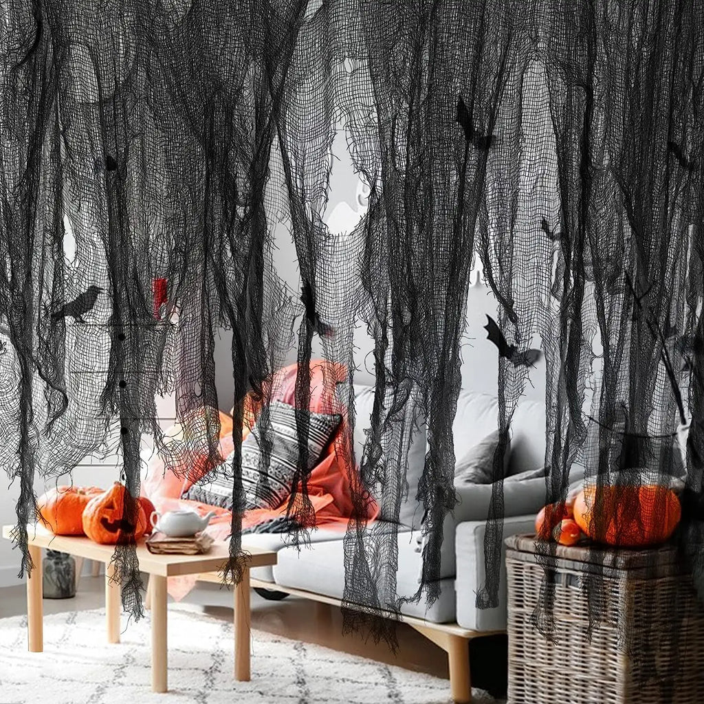 Decoração de festa de halloween de terror, casas assombradas, porta ao ar livre, pano preto assustador, gaze assustadora, adereços góticos