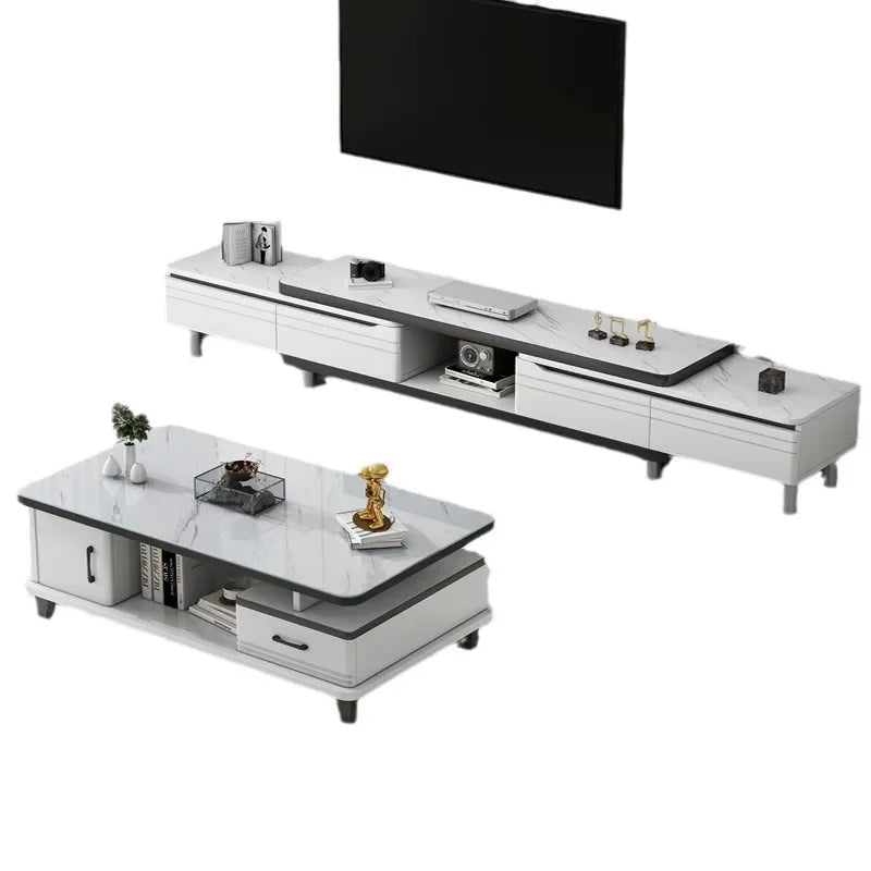 Suporte de TV LED moderno para televisores, mesa de centro, prateleiras de vidro e gaveta, centro de entretenimento para jogos com vários armários