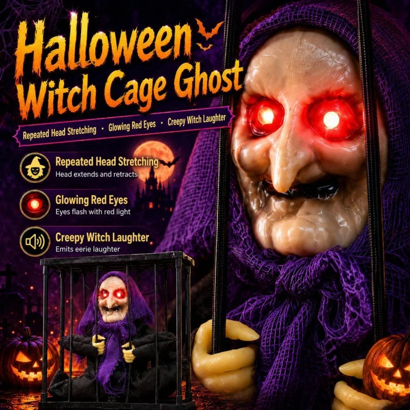 Decoração de Festa de Halloween, Ornamento de Gaiola de Bruxa, Decoração Animada com Olhos Iluminados por Sensor de Movimento, Fantasma Pendurado para Casa Assombrada