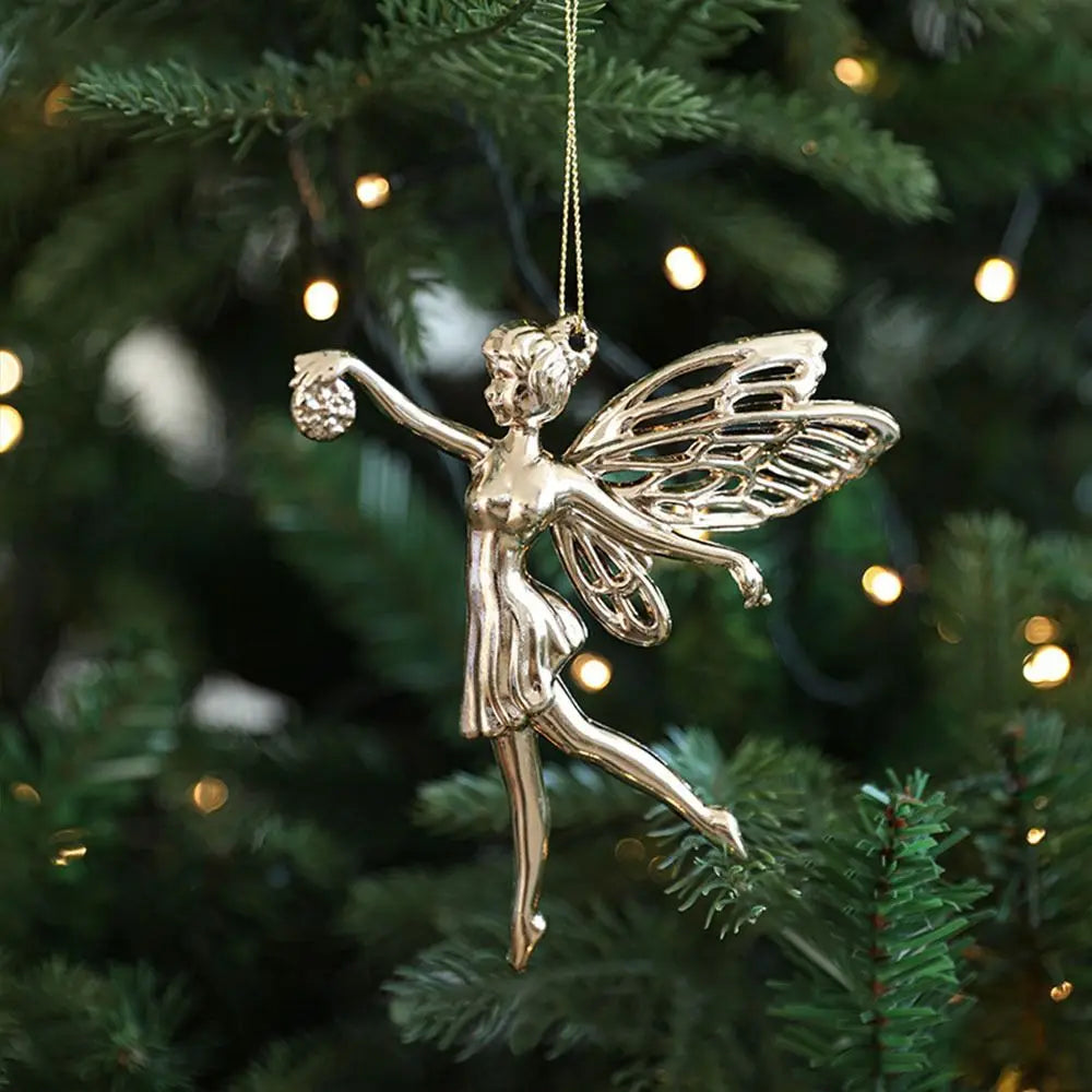Ouro natal pendurado decoração de plástico borboleta libélula árvore de natal ornamento anjo floco de neve vitrine enfeites de natal