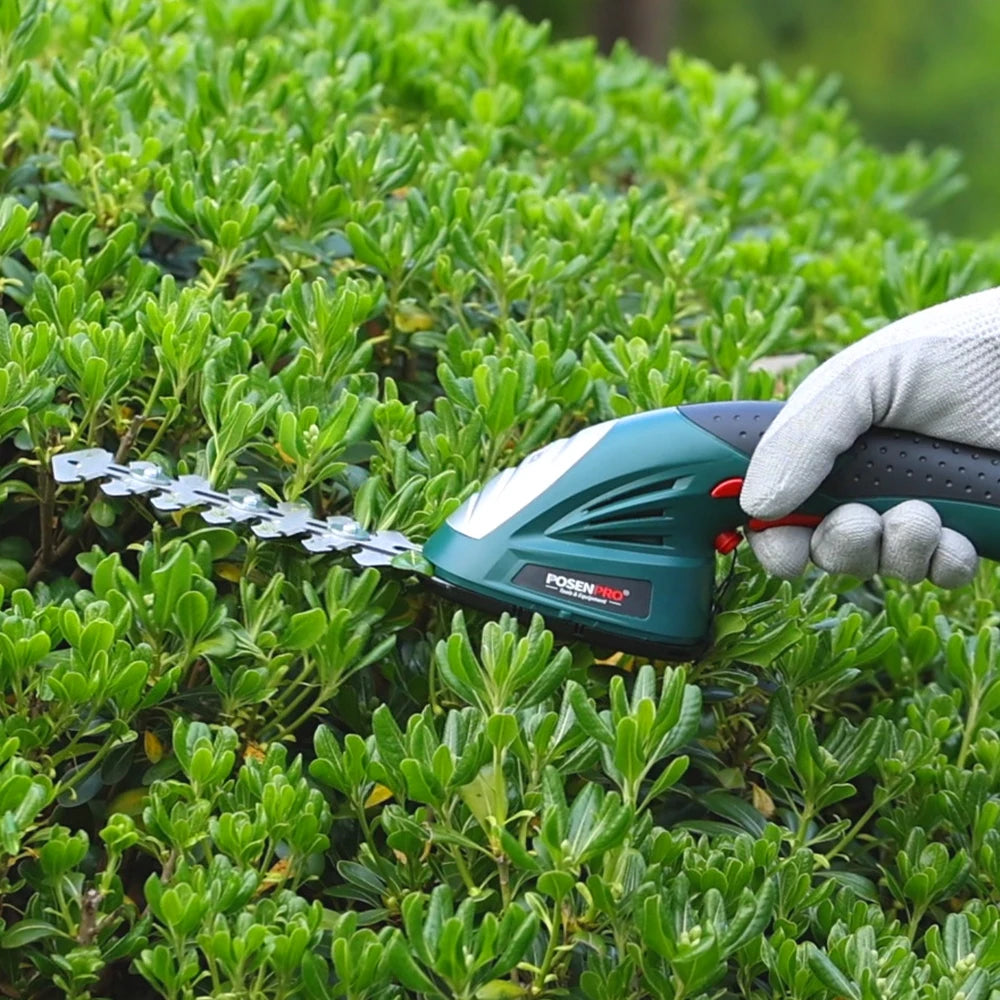 POSENPRO Tesoura de Poda 7.2V 2 em 1 Sem Fio, Aparador de Grama e Cerca Viva, Tesoura Recarregável a Bateria, Ferramenta de Jardim Sem Fio