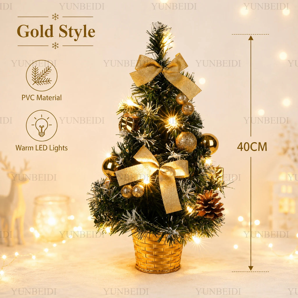 Mini Árvore de Natal Artificial de 40CM com Luzes LED, Decoração de Natal para Casa e Mesa, Presente de Ano Novo