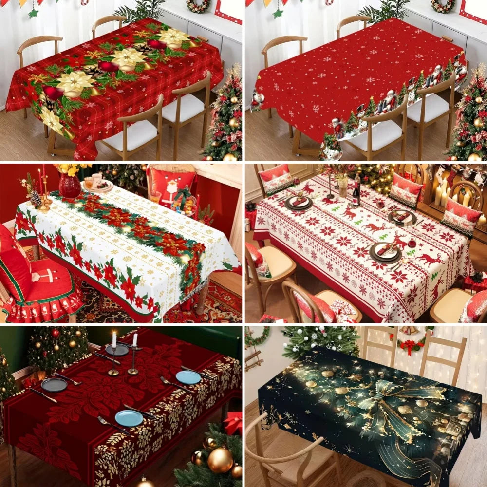 Toalha de Mesa de Natal: Decoração Clássica de Inverno com Estampa de Papai Noel, Floco de Neve e Pinhas – Suprimentos para Cenário Festivo