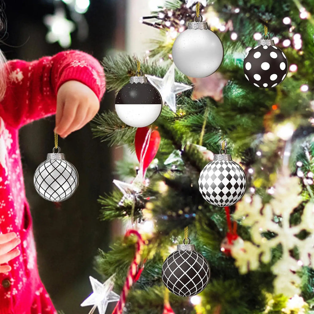 12pçs bolas de natal pretas e brancas, bola suspensa pintada à mão, pingentes de árvore de natal, decoração de casa, presentes de ano novo 2025