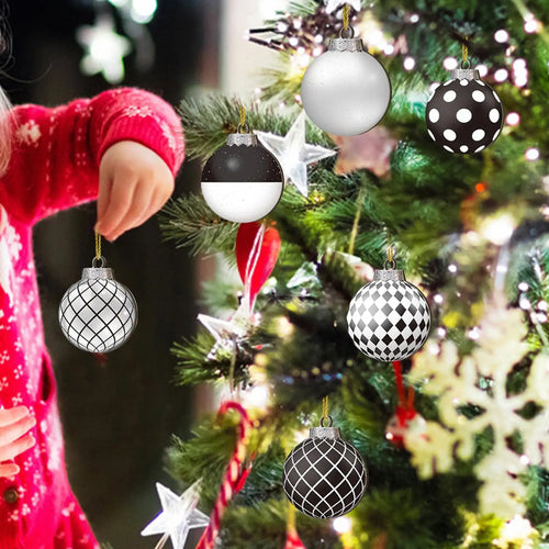 12pçs bolas de natal pretas e brancas, bola suspensa pintada à mão, pingentes de árvore de natal, decoração de casa, presentes de ano novo 2025