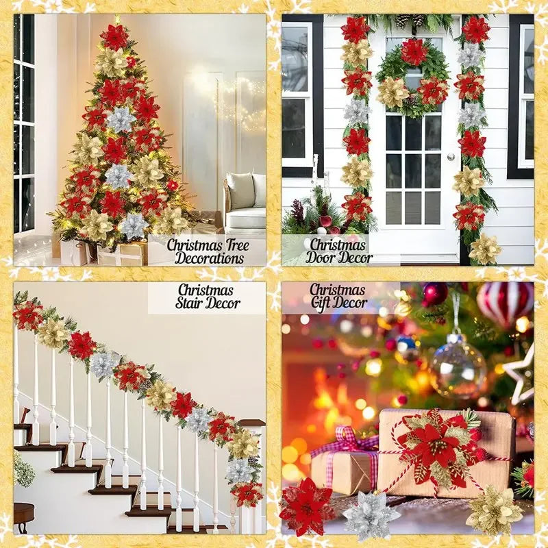 Natal glitter flores artificiais árvore de natal pendurado ornamentos flor falsa para casa 2025 natal ano novo 2026 navidad presente