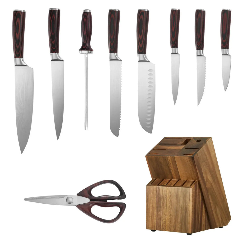 "15-Piece High Carbon Stainless Steel Kitchen Knife Set with Block Sharpener & Rust-Resistant Cutlery (3CR13 Blade)"