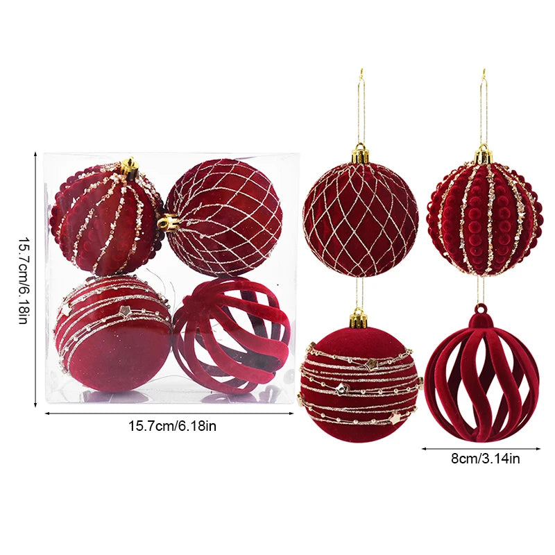 4 pçs 8cm vinho vermelho bola de natal ornamento decoração da árvore de natal esferas pingente textura de veludo bola ano novo decoração para casa