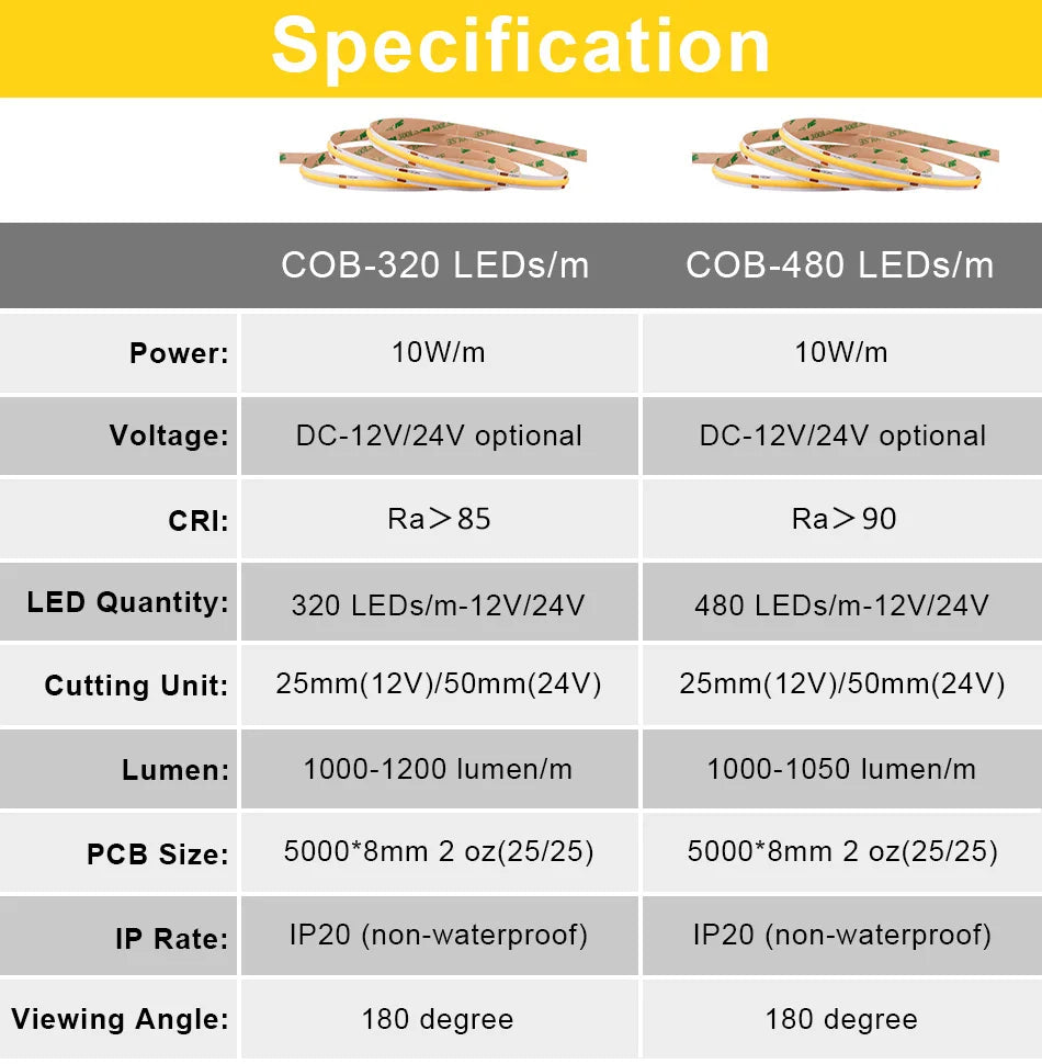 A espiga listada ul conduziu a luz de tira 320 480 leds/m 16.4ft fita flexível de alta densidade ra90 3000k 4000k 6500k regulável conduziu luzes dc12v 24v