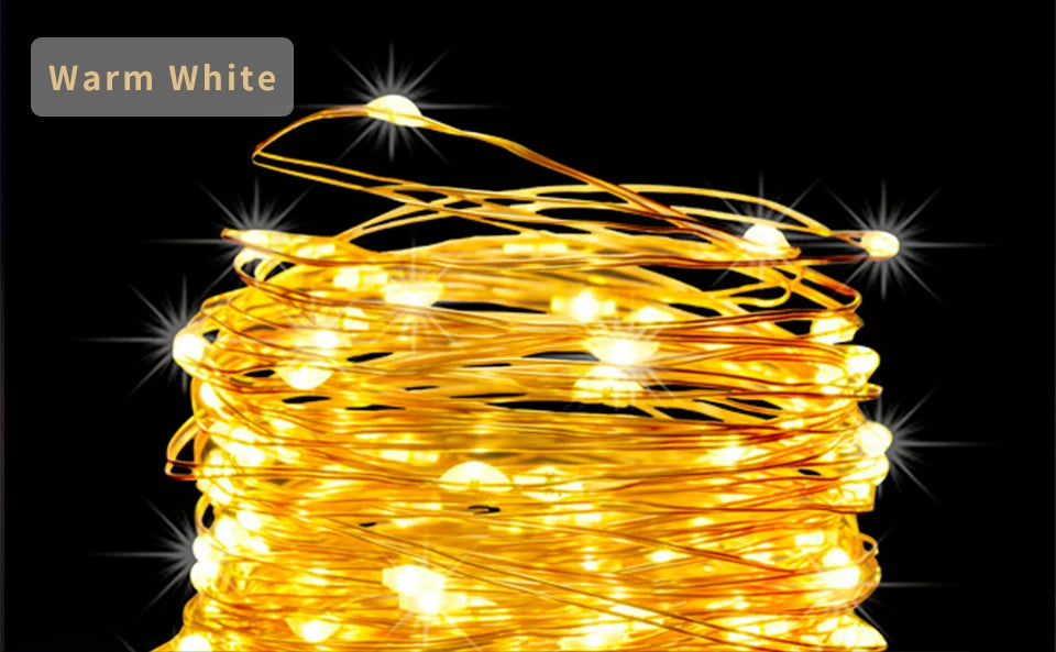 Luz solar ao ar livre da corda led guirlanda de fadas 8 modo jardim quintal festa decoração natal lâmpada fio cobre