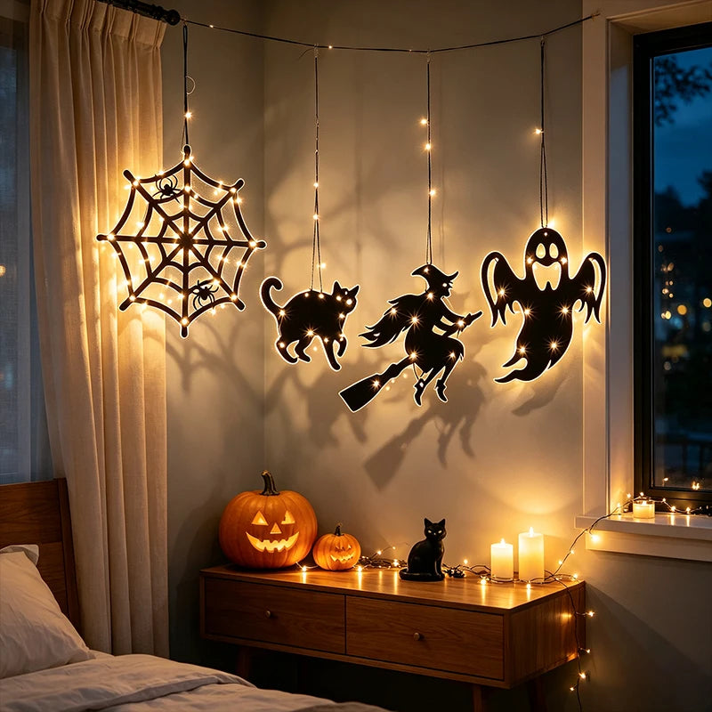 Luzes Decorativas de Halloween para Pendurar em Janelas e Paredes, Ornamentos LED Assustadores de Silhueta de Fantasma, Bruxa, Gato Preto e Teia de Aranha para Pendurar em Ambientes Internos
