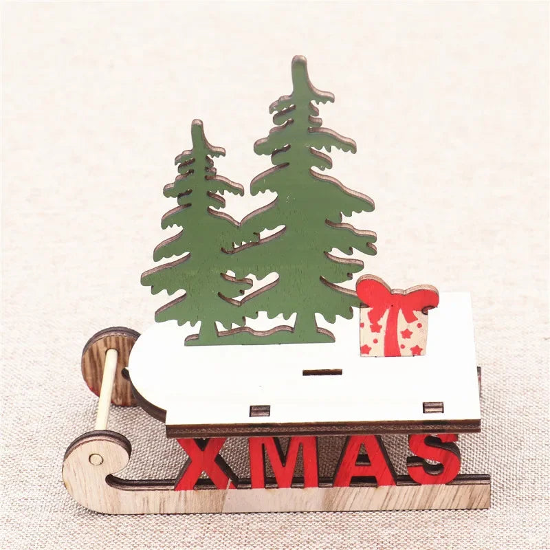 Decorações de natal de madeira diy trenó esqui dos desenhos animados santa ornamento de mesa presente das crianças pequeno presente