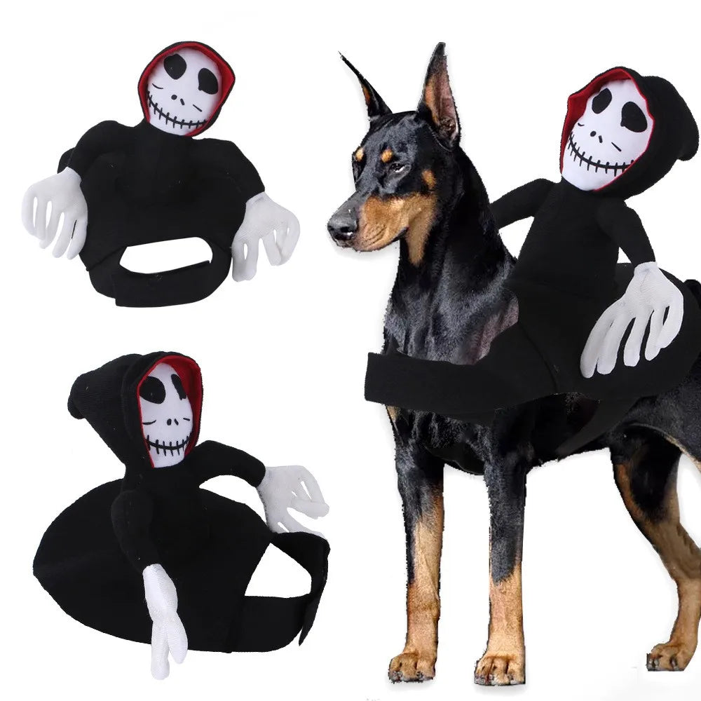 Halloween animal de estimação cosplay traje assustador boneca equitação roupa cão gato   Traje de Halloween para animais de estimação assustador vestir-se colete para cachorro de festa