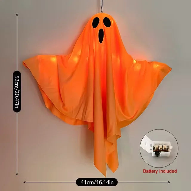 Fantasma Luminoso de Halloween Laranja ou Branco, Decoração de Fantasma em Tecido com Luzes LED para Varanda, Quintal e Decoração de Casa Assombrada