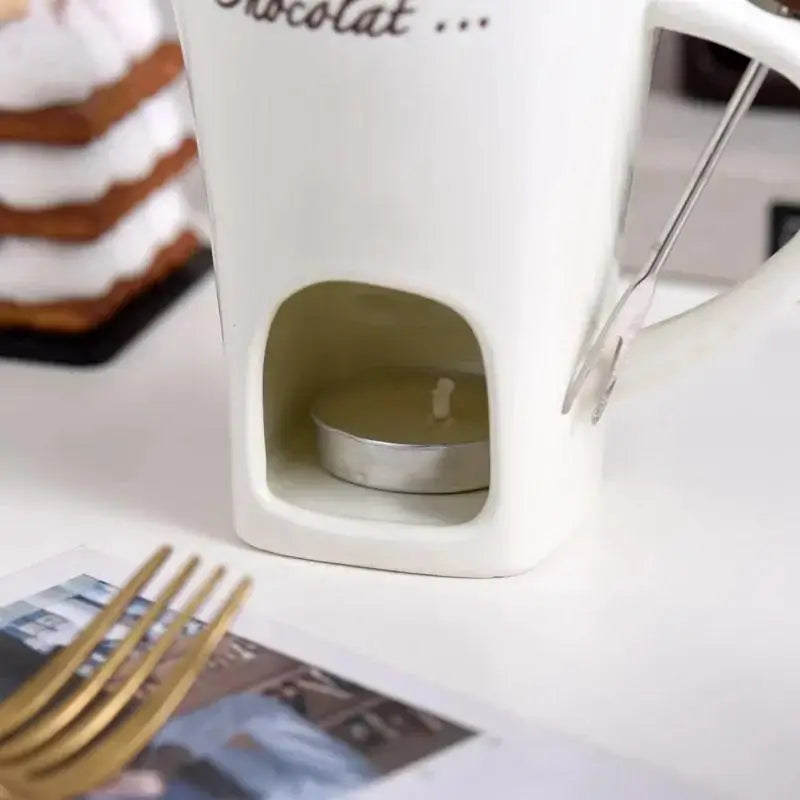 Copo de vela europeu queijo chocolate derretendo caneca cerâmica aquecimento comida caneca cerâmica com garfo criativo caneca café utensílios de mesa