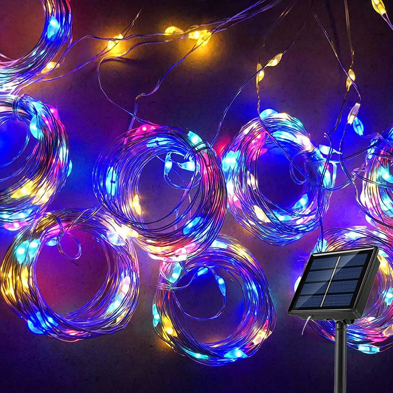 Solar led cortina de luz ao ar livre guirlanda solar fada luz da corda fio cobre lâmpadas para jardim quintal festa casamento decoração do feriado