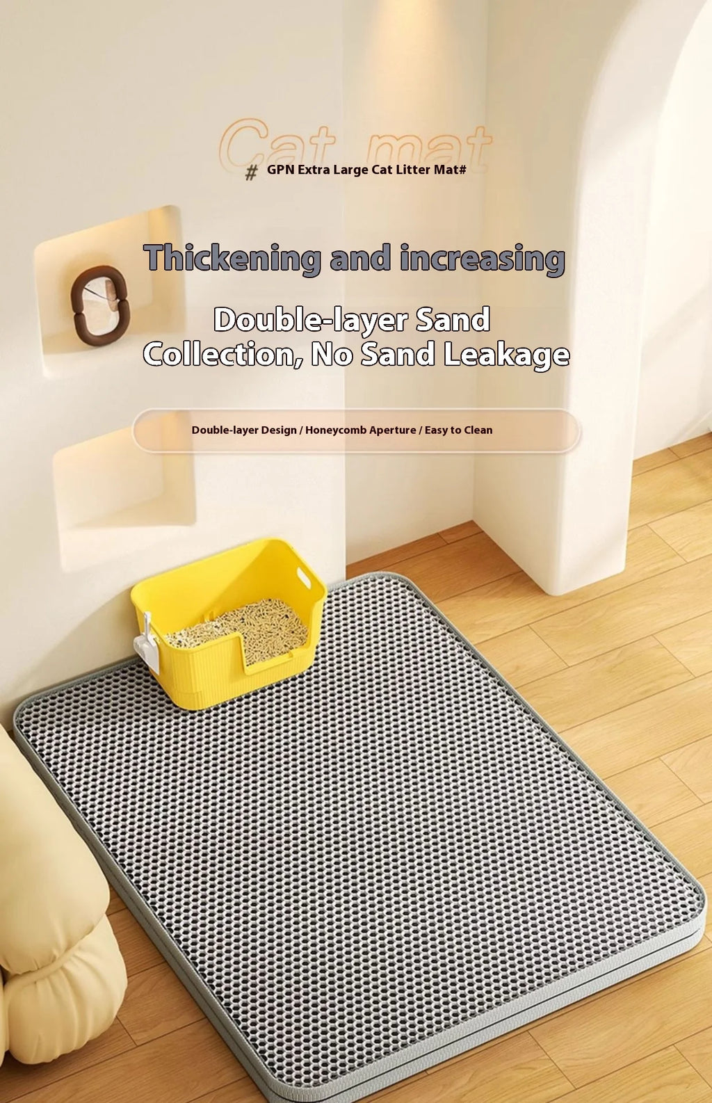 Tapete de areia para gatos, design de 2 camadas, tecnologia premium de captura de areia, base à prova d'água, protetor de piso antiderrapante para animais de estimação para gatinhos internos