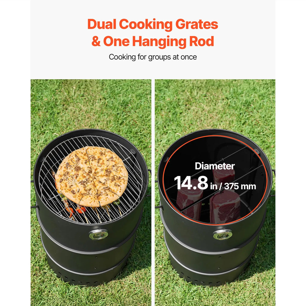 18.5\" Barrel Outdoor Charcoal Smoker Grill Coated Steel BBQ with 2 Grilling Grates and 1 Hanging Feature for Backyards