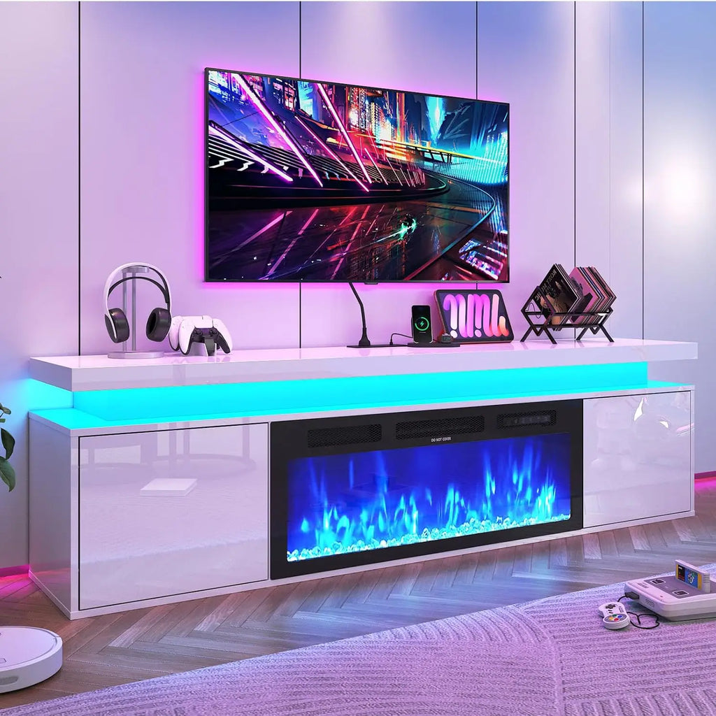 Suporte de TV Flutuante de 70 polegadas com Lareira de 36 polegadas para TVs de até 80 polegadas, Centro de Entretenimento com Lareira LED de Alto Brilho, Personalizável
